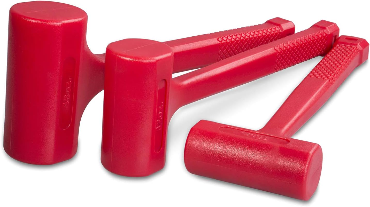 3-Piece Premium Dead Blow Hammer and Unicast Mallet Set - Include 16-oz (1 lb), 32-oz (2 lb) and 48-oz (3 lb), Neon Red Color | Rebound and Spark Resistant Hammers, Non-Marring and Non-Sparking Design