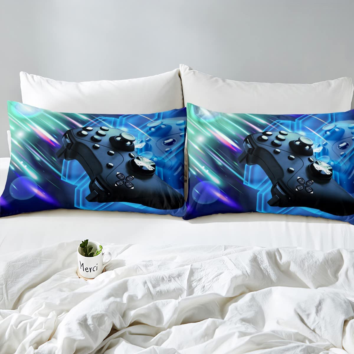 Tbrand Gamepad Bettwäsche Set 135x200cm Jungen Videospiel Bettbezug Set für Kinder Jugend Galaxis Gaming Controller Betten Set Gamer Blue Hexagon Geometric Decor mit 1 Kissenbezug