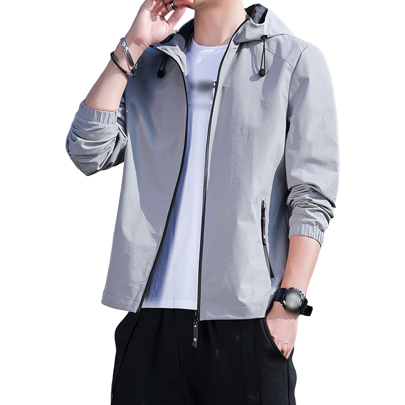 Maiyifu-GJ Men's Lightweight Full Zip Windproof Hoodie Slim Fit Casual Hooded Sweatshirt Outdoor Spring Active Windbreaker (Grey,XX-Large)