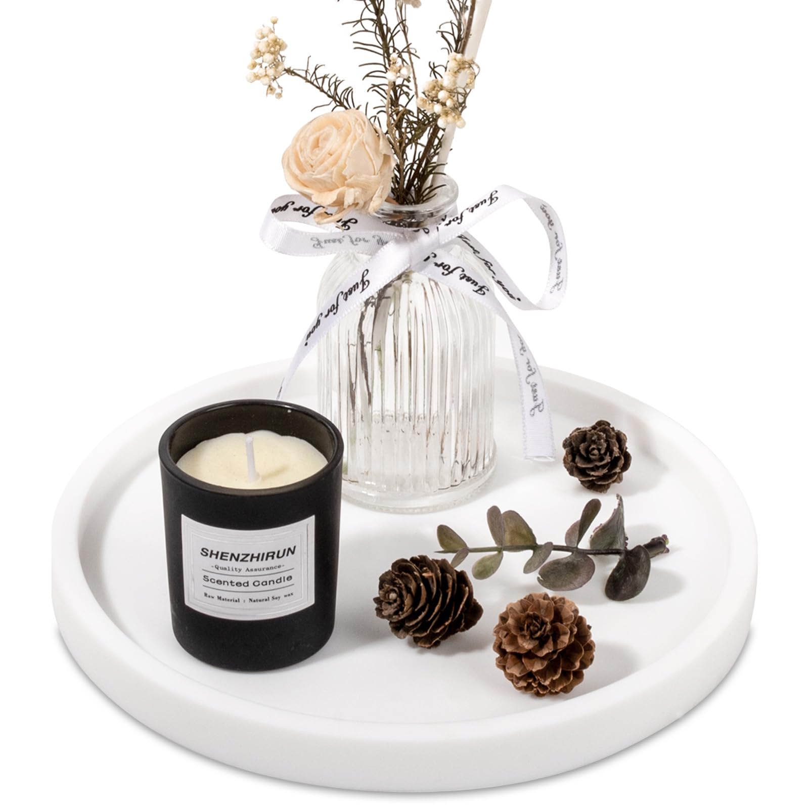 Silicone Bathroom Tray Round Vanity Tray Decorative Soap Holder Kitchen Countertop Organizer Coffee Table Decor for Candle, Perfume, Plant, 8 Inch, White