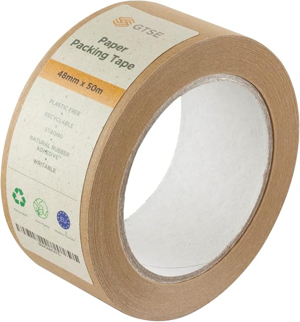 GTSE Brown Paper Tape, 48mm x 50m, Recyclable Packing Tape for Eco Packaging and Gift Wrapping, 1 Roll