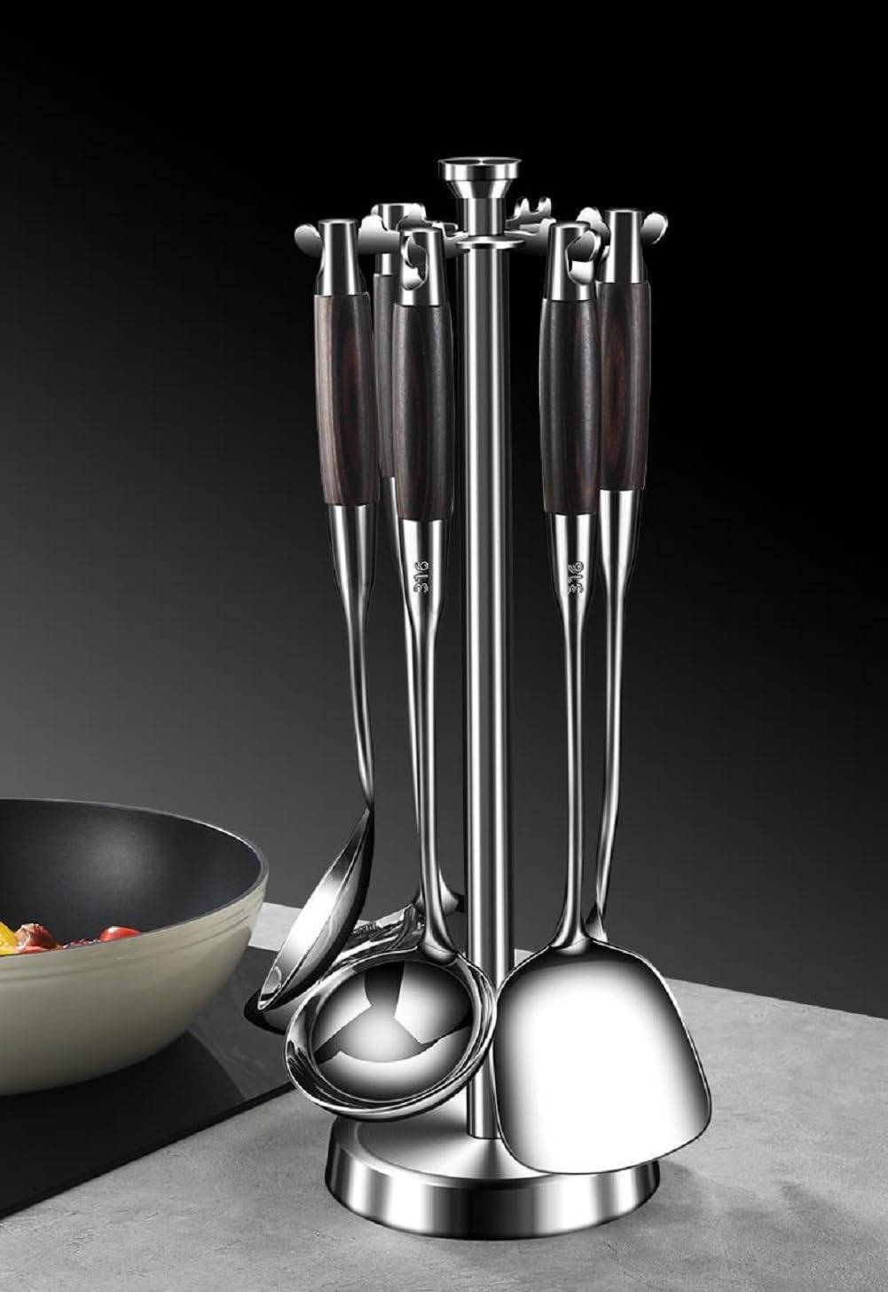 Juego de utensilios de cocina de acero inoxidable, 6 herramientas de cocina, incluyendo espátula, cuchara de sopa, volteador, servidor de pasta y pala con fugas para cocinar y servir