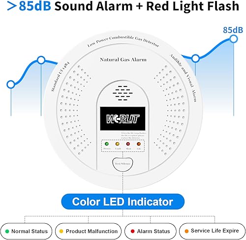 Miniatura 4 de Detector de gas natural a prueba de explosiones, alerta de fugas de gas CH4propano ultra sensible con sirena de 85 dB y luz estroboscópica, batería