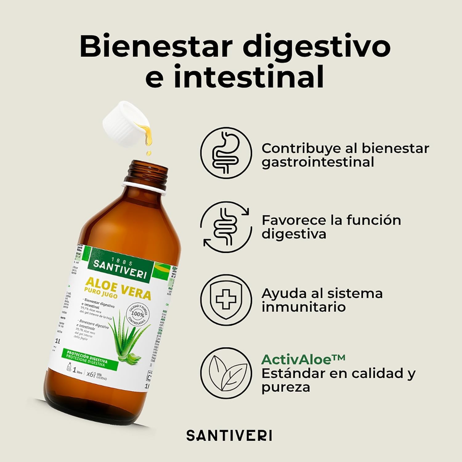 SANTIVERI - Aloe Vera Jugo, Complemento Alimenticio a Base de Jugo de Aloe Vera, Ayuda con el Bienestar Digestivo e Intestinal, Sin Gluten, Vegano - Pack de 2 x 1 L