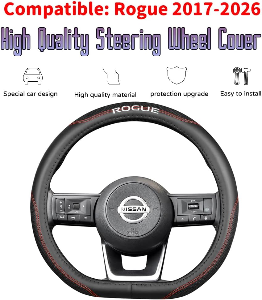 Custom Accessorie for Nissan Rogue 2017 2018 2019 2020 2021 2022 2023 2024 2025 Steering Wheel Covers Leather Sporty Racing Faux Comfortable Handle 1Pcs/Set(Red Stitching)