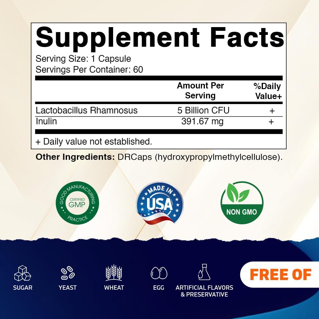 Vitamatic Lactobacillus Rhamnosus 5 Billion per DR Capsule (10 Billion Per 2 Capsules) - 60 Count - Advanced Digestive & Immune Support - Made with Prebiotic Inulin Fiber - Image 2