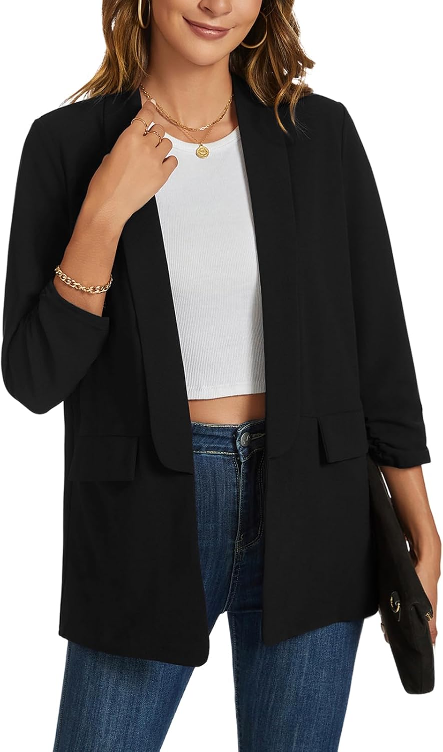 Blazer for Women 3/4 Ruched Sleeve Suit Jacket Open Front Shawl Collar Casual Work Office Blazers with Pockets - Image 5