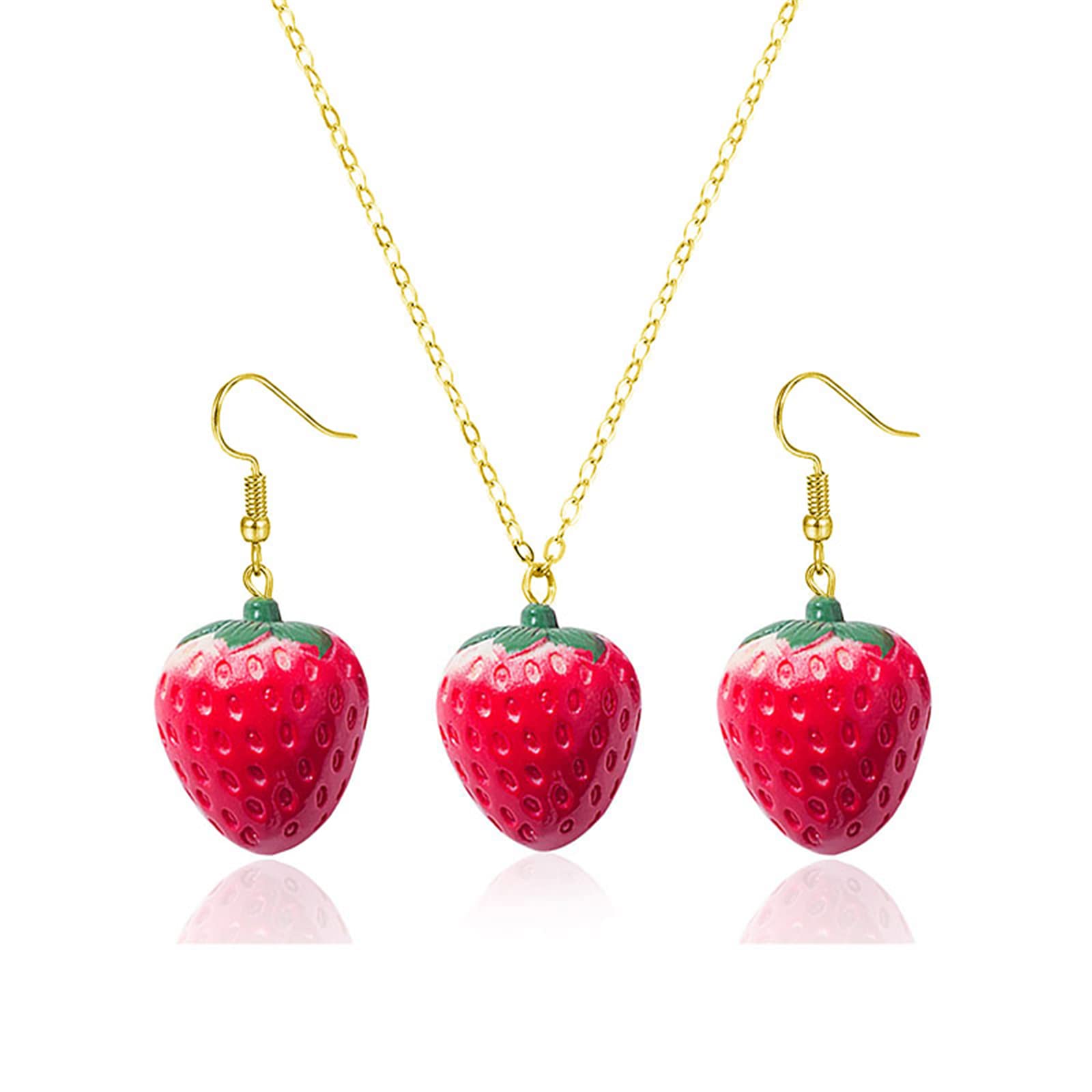 Dreuyet 3D Simulated Fruit Red Strawberry Necklace Earring Set for Women Sweet Fruit Charm Earrings Necklace Cute Food Fruit Strawberry Dangle