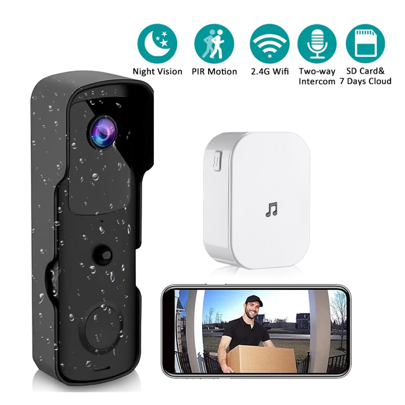 Timbre Inteligente con WiFi, Cámara 1080P HD, Timbre De Vídeo Inalámbrico, PIR, Visión Nocturna, Timbre Visual, Cámara De Seguridad For El Hogar(Size:C)