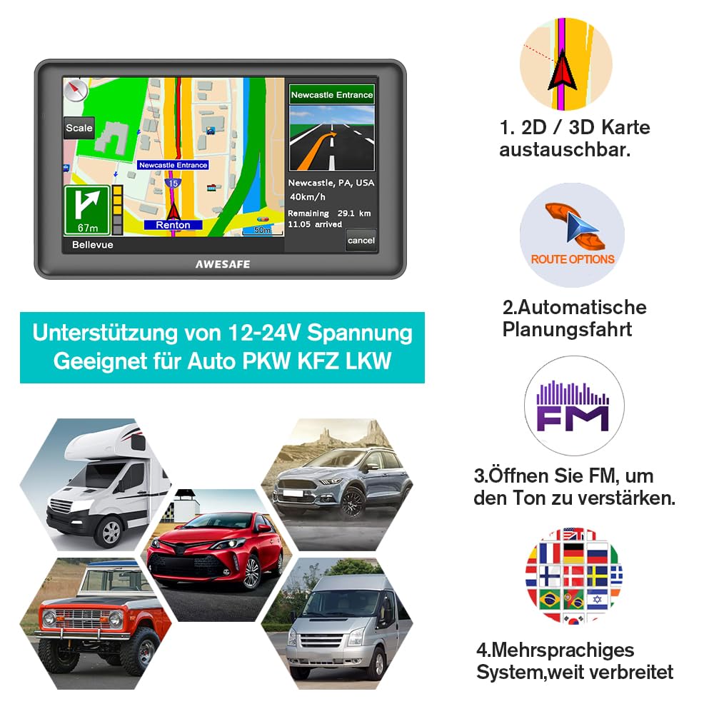 AWESAFE Navigationsgeräte für Auto, 7 Zoll Touchscreen, 2023 Europa Karten unterstützt lebenslang kostenloses, GPS Navigation für Auto PKW KFZ LKW