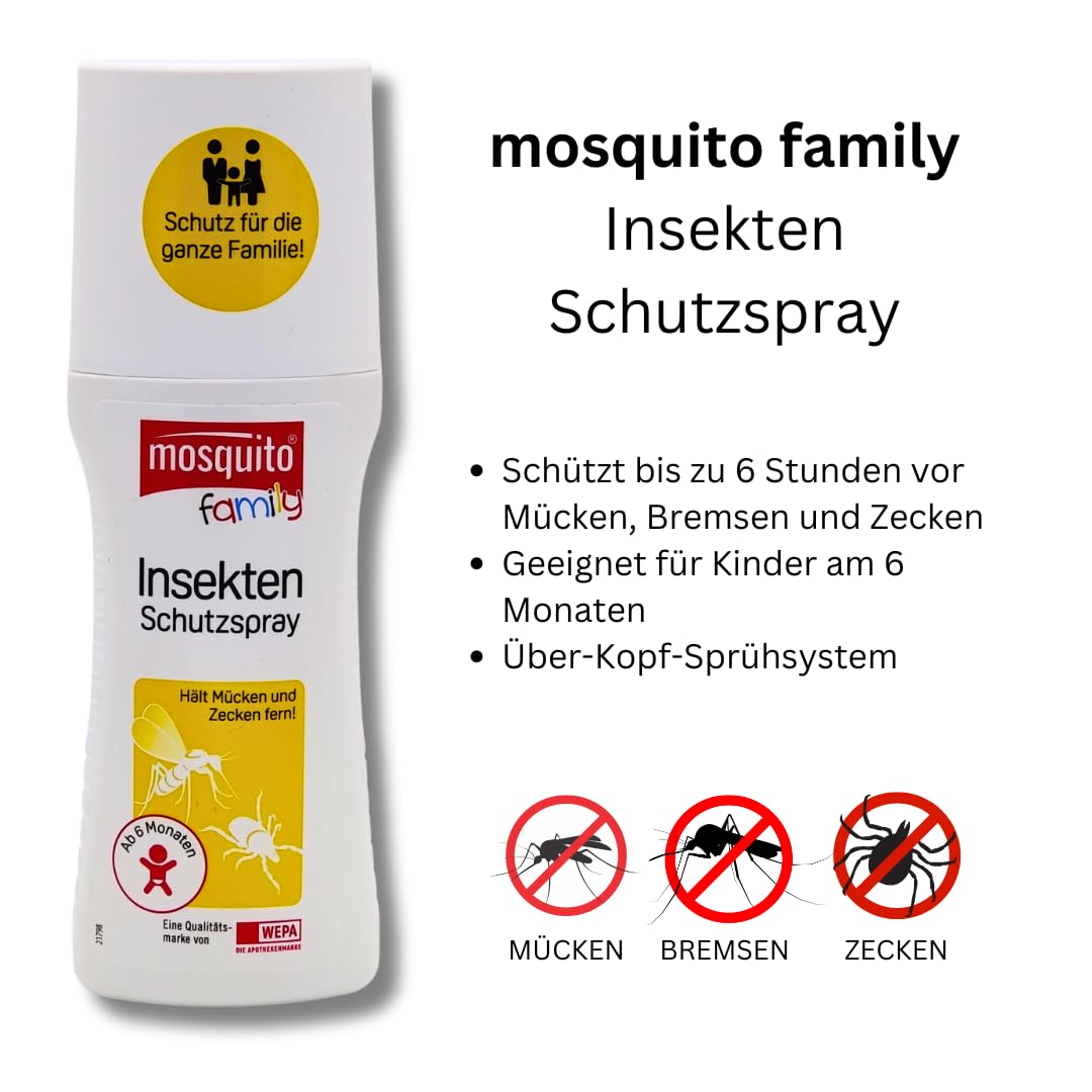 Mosquito Family Insekten-Schutzspray 3x 100 ml I bis zu 6 Stunden Schutz vor Mücken, Bremsen, Zecken I Mückenspray I für Kinder ab 6 Monaten I Outdoor-Schutz I Spar-Set plus Pharma Perle give-away