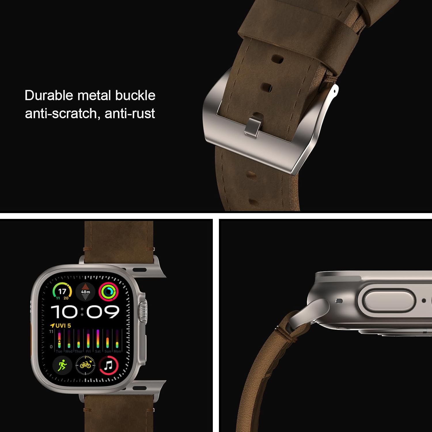 Vintage Leather Band Compatible with Apple Watch Ultra 3 / Ultra 2 / Ultra Band 49mm 46mm 45mm 44mm, 26mm Wide Crazy Horse Leather Strap for Men iWatch Series 10 9 8 7 6 5 4 - Image 3