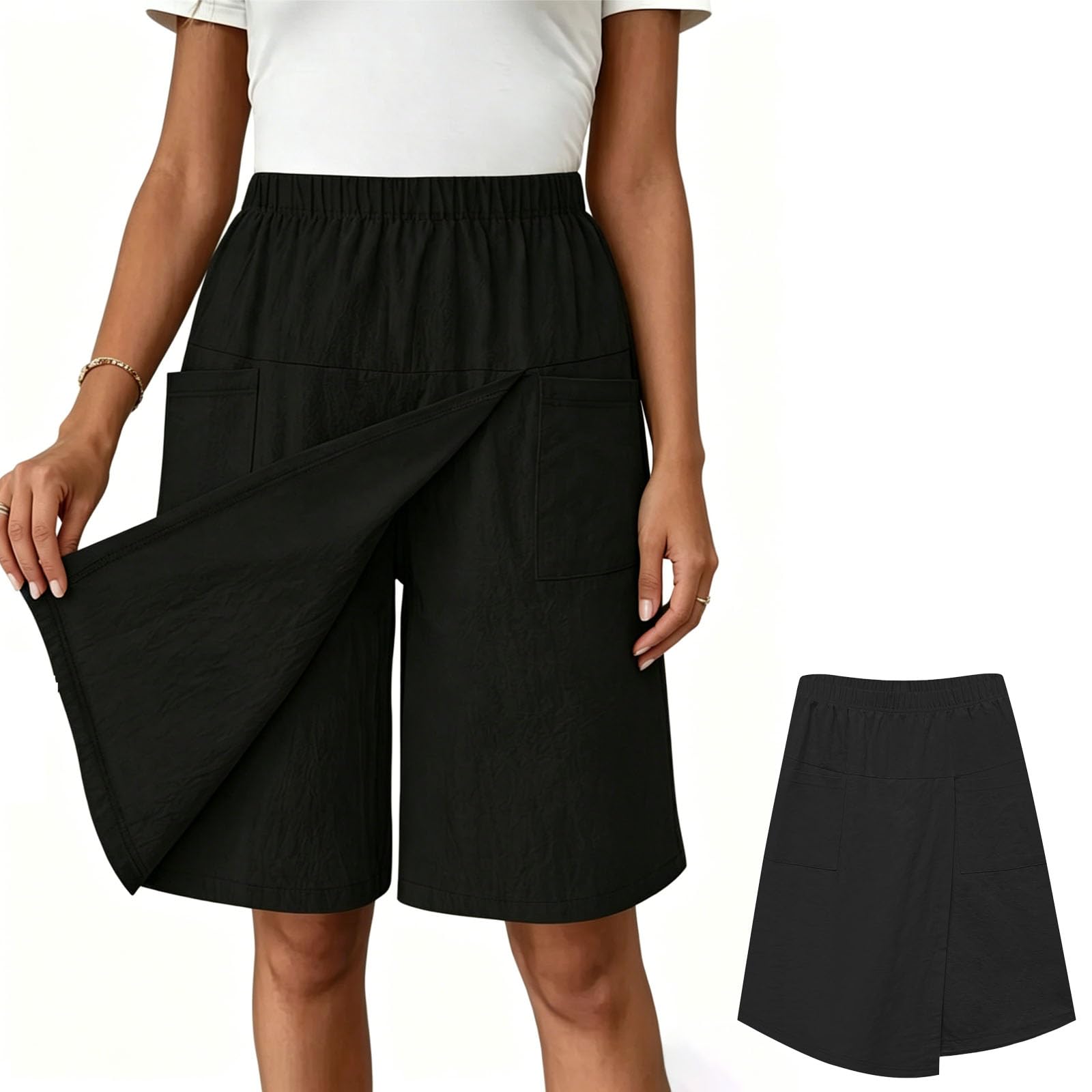 Gonna-Pantalone da Donna Casual con Vita Elastica e Design a Portafoglio – Shorts Estivi con Tasche, Leggeri, al Ginocchio, a Vita Alta e vestibilità Morbida