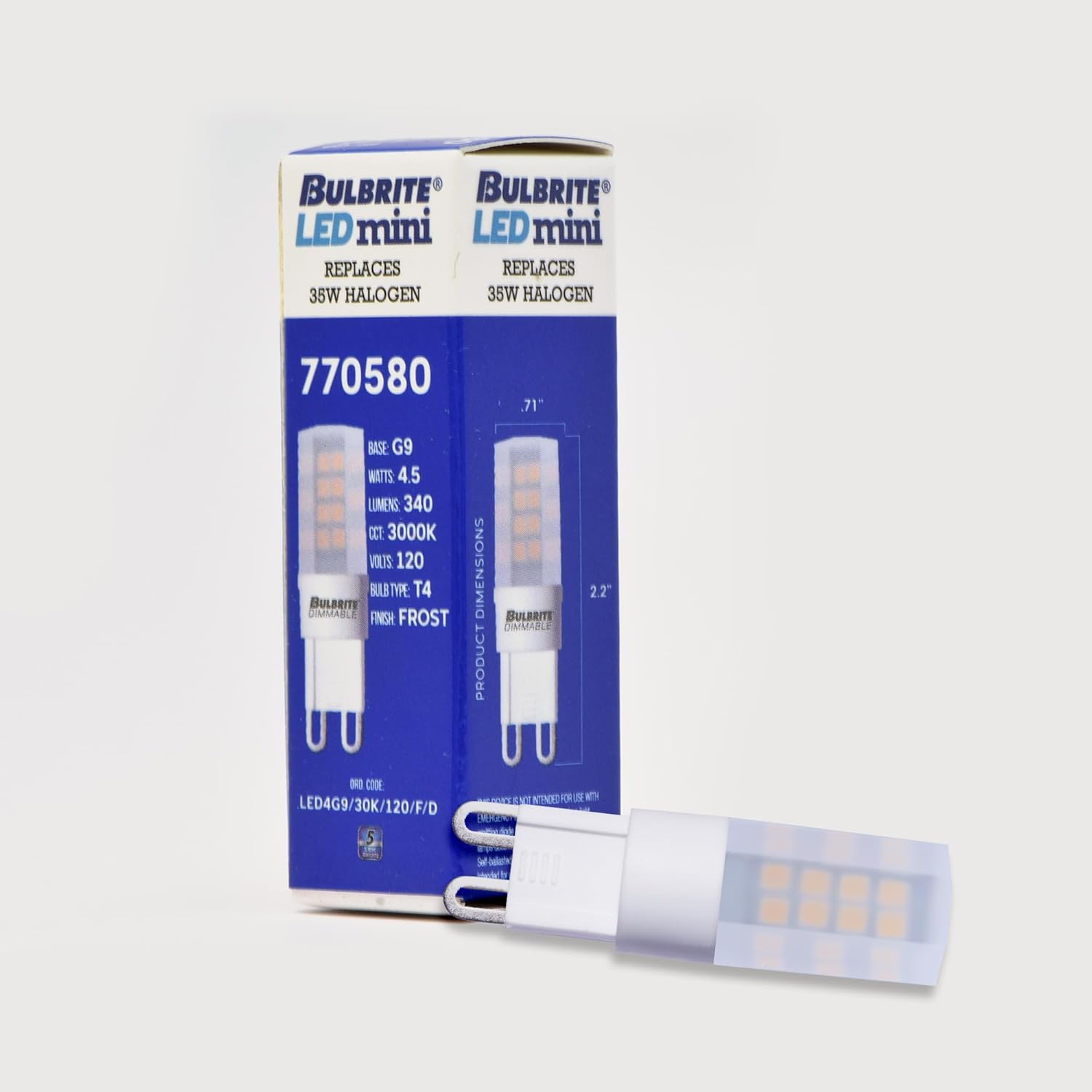 Bulbrite LED Mini T6 Dimmable Bi-Pin Base (G9) Light Bulb 40 Watt Equivalent 3000K, Frost 4-Pack