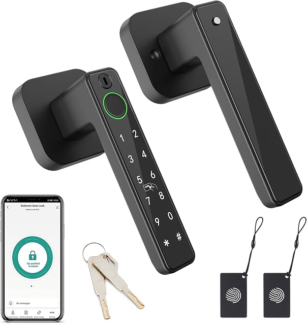 FITNATE Smart Fingerprint Door Lock – Keyless Entry Lever with APP, IC Card, Code, Key & Biometric Unlock for Bedroom, Home, Hotel, Office, Apartment
