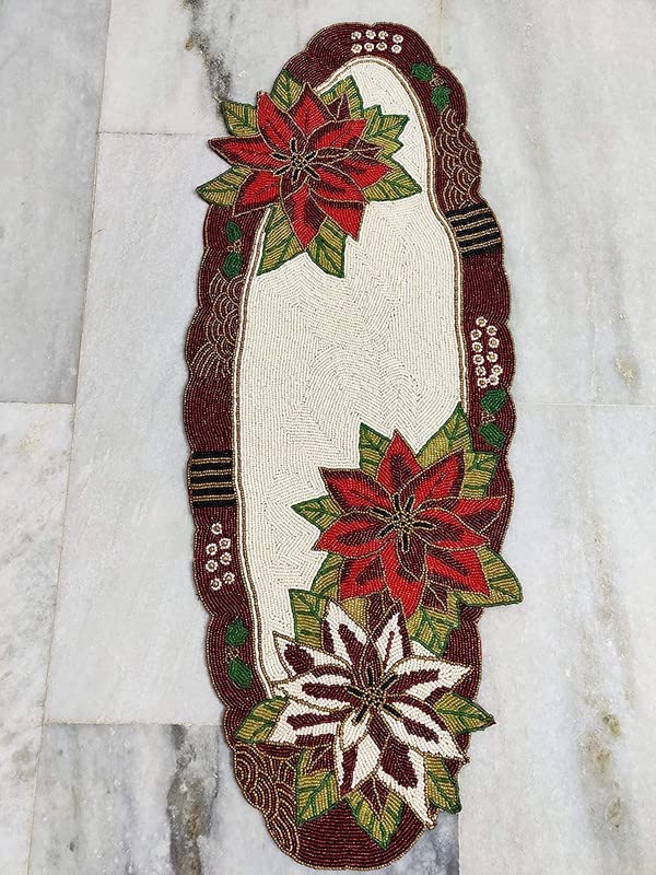 Image of MFU - Made For You Premium Glass Beaded Table Runner 13x36 Inch Cream Maroon Floral Design | Handmade Decorative Rectangular Table Runner for Dining Table, Center Table, Coffee Table, Home Decor