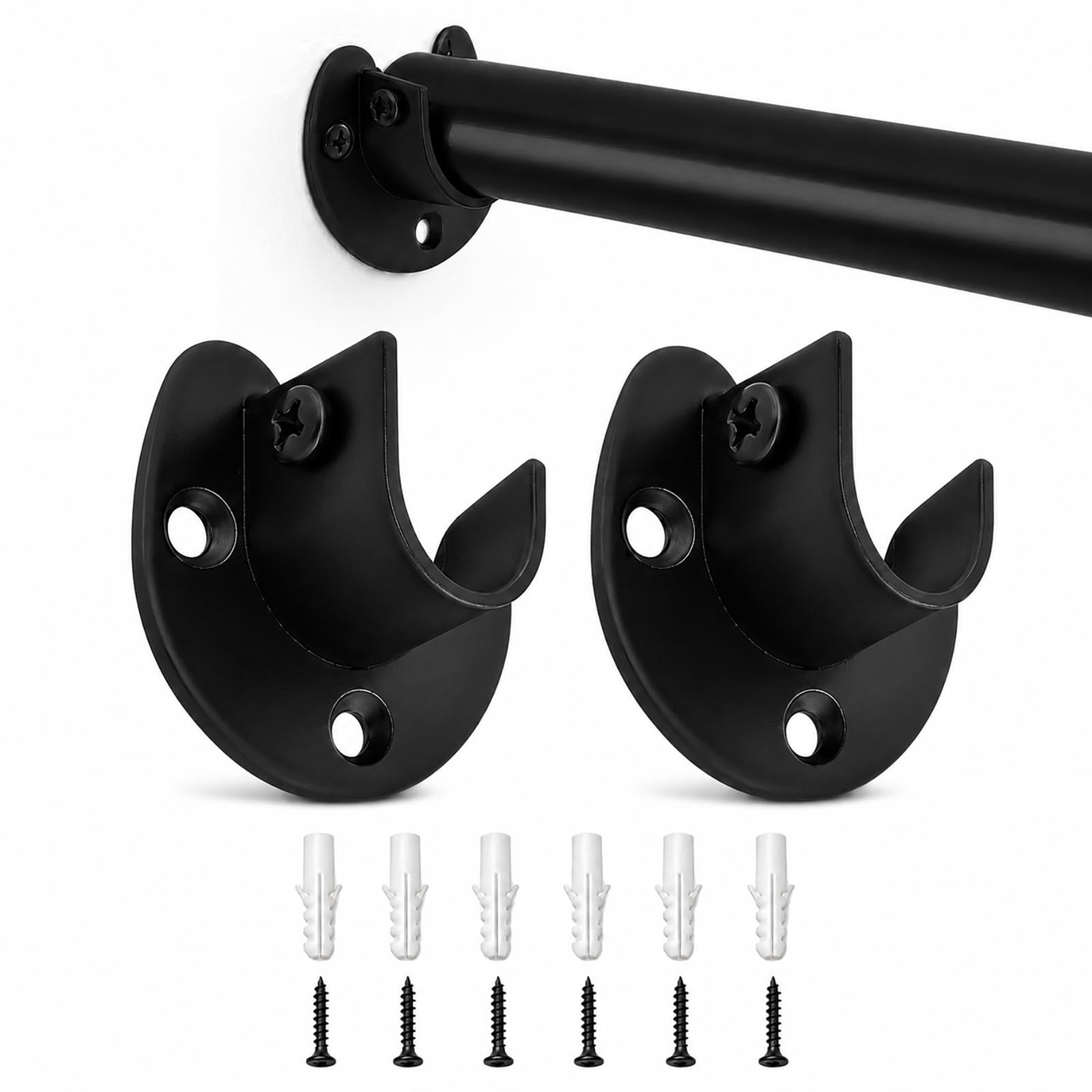 FortWeal Closet Rod Brackets, 25mm 2 Pack Black Stainless Steel Wall Mount Heavy Duty Open U Shaped Pole Sockets with Screws Flange End Support for Wardrobe Shower Curtain Bathroom Kitchen Balcony