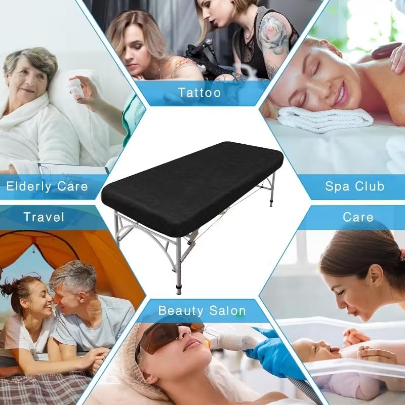 Disposable Massage Table Sheet Covers with Elastic Bands – Black Waterproof and Oil-Resistant Fitted Sheets for Spa, Salon, and Massage, 10 Pack