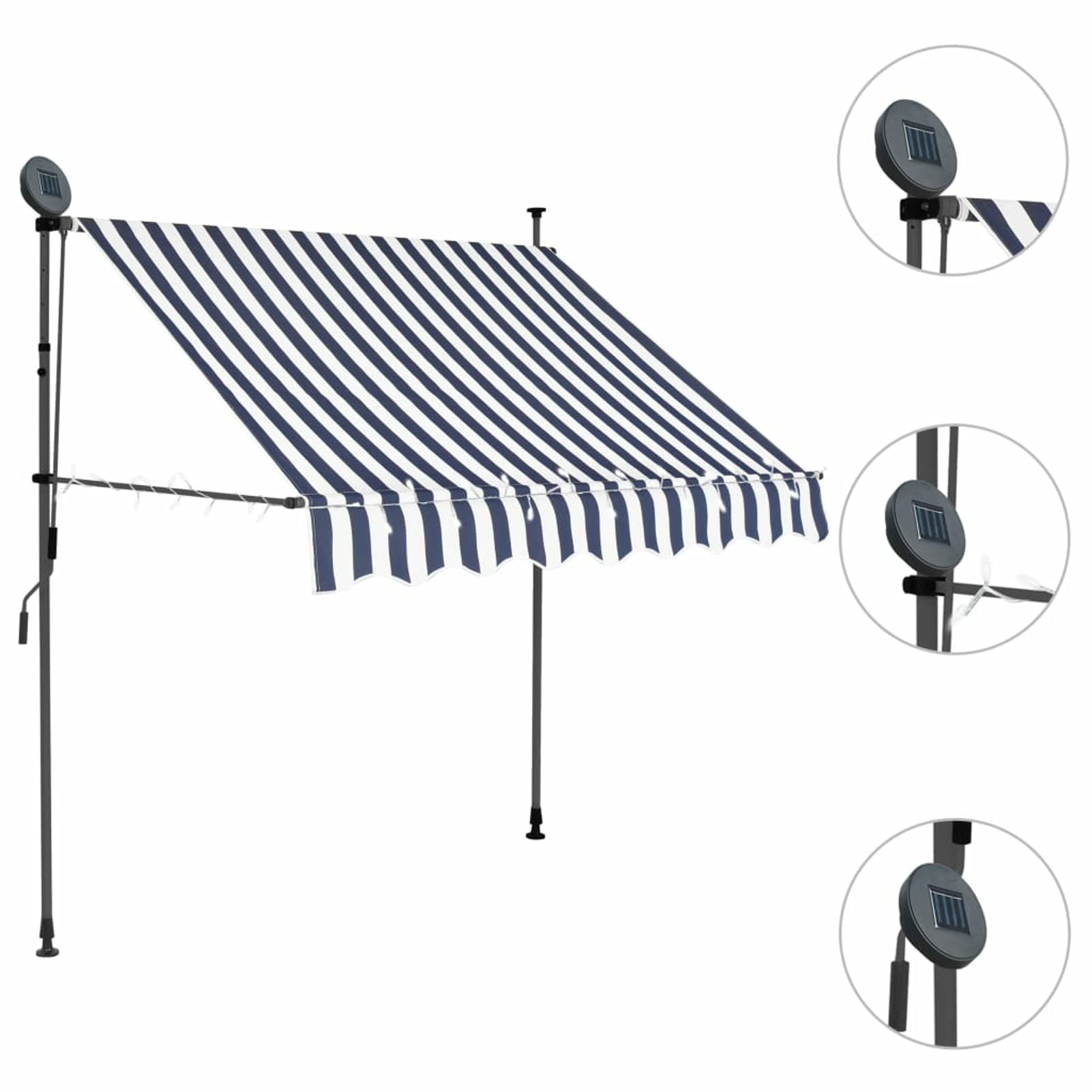 Tidyard Auvent Manuel Rétractable avec LED 150 cm Bleu et Blanc, Store Banne de Jardin Hauteur et Inclinaison Réglable, Brise-Soleil pour Balcon Terrasse Porche Restaurant Café