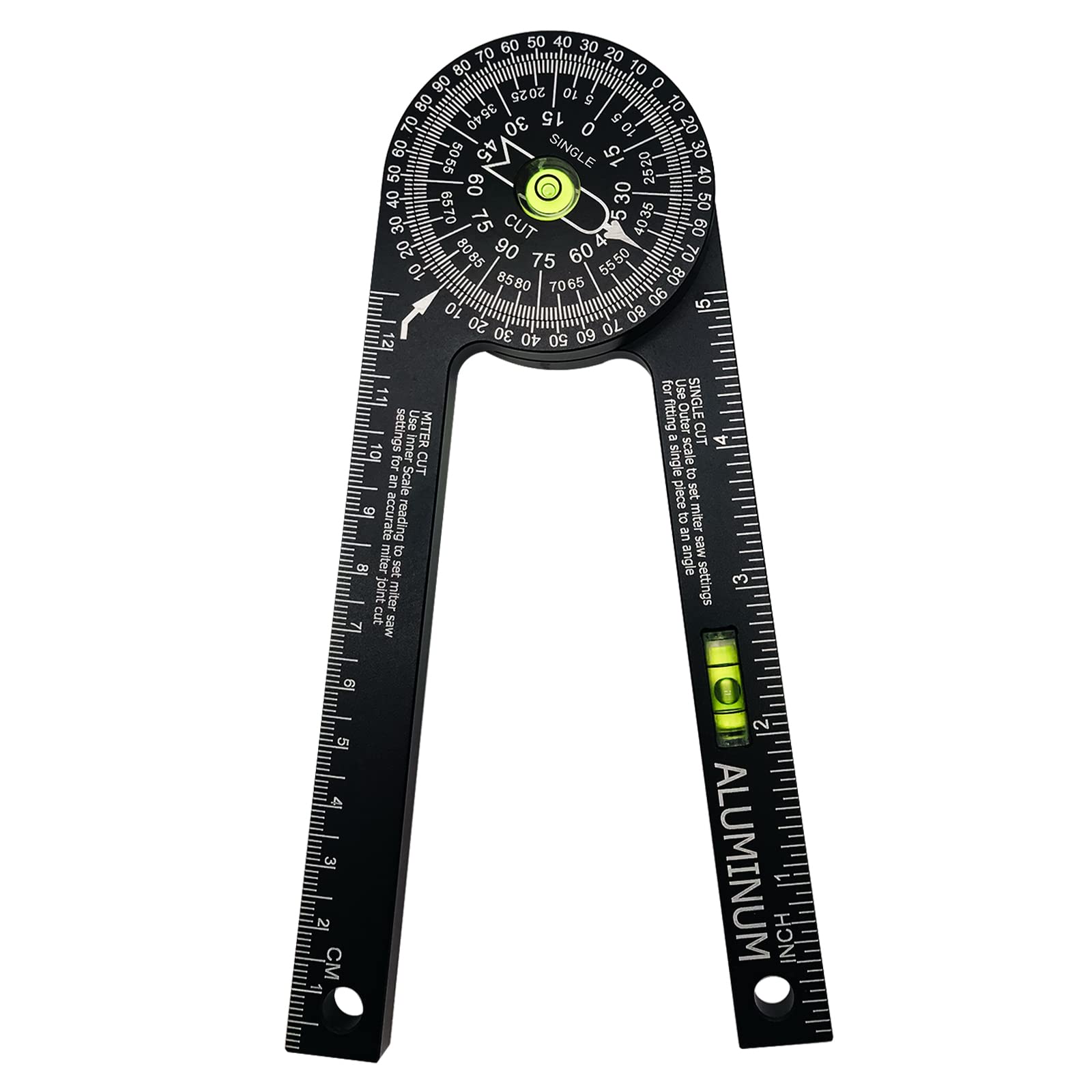 Miter Saw Protractor，Rustproof Aluminum Angle Finder Gauge with Ruler Bubble Level Tool，Angle Finder Cutting Guide Tool for Carpenters, Plumbers and All Building Trades