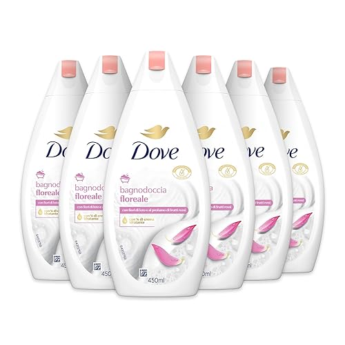 Dove Bagnodoccia Floreale, Idratante Dermo-Naturale, Fiori di Loto e Frutti Rossi, 1/4 Crema Idratante, Dermatologicamente Testato, Bagnoschiuma Uomo e Donna, 100% Bottiglia Riciclata*6 Pezzi x 450ml