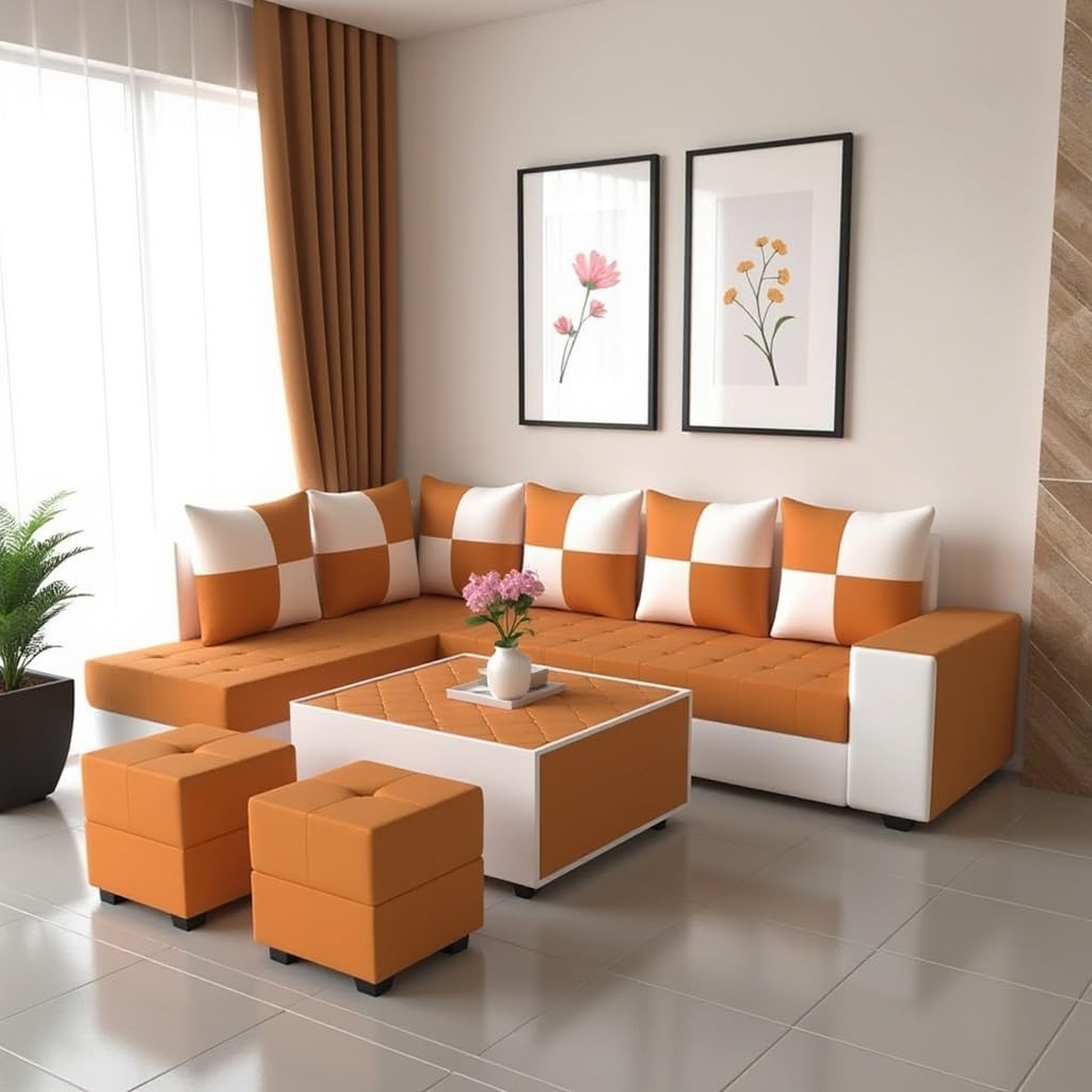 Avion Francis LHS 8 Seater L Shape Sofa Set for Living Room Left Side-Orange Fabric Sofa with Centre Table & Puffy | L Shape Sofa 8 Seater with Ottoman for Office-image-32