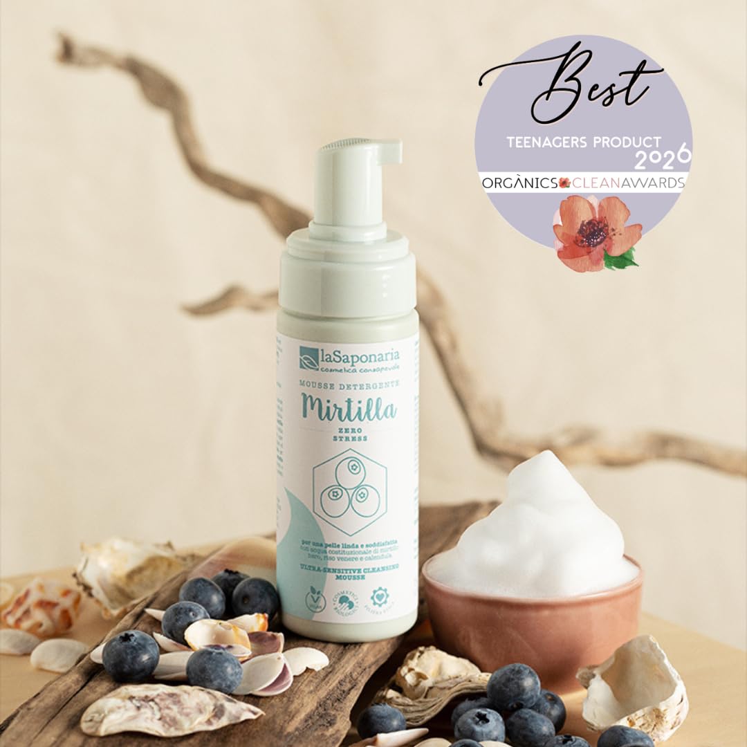 La Saponaria | Mousse detergente bio viso Mirtilla, Ingredienti naturali e sostenibili, Acqua costituzionale di Mirtillo nero, rigenerante e antiossidante, Acido Ialuronico, Calendula, 150ml