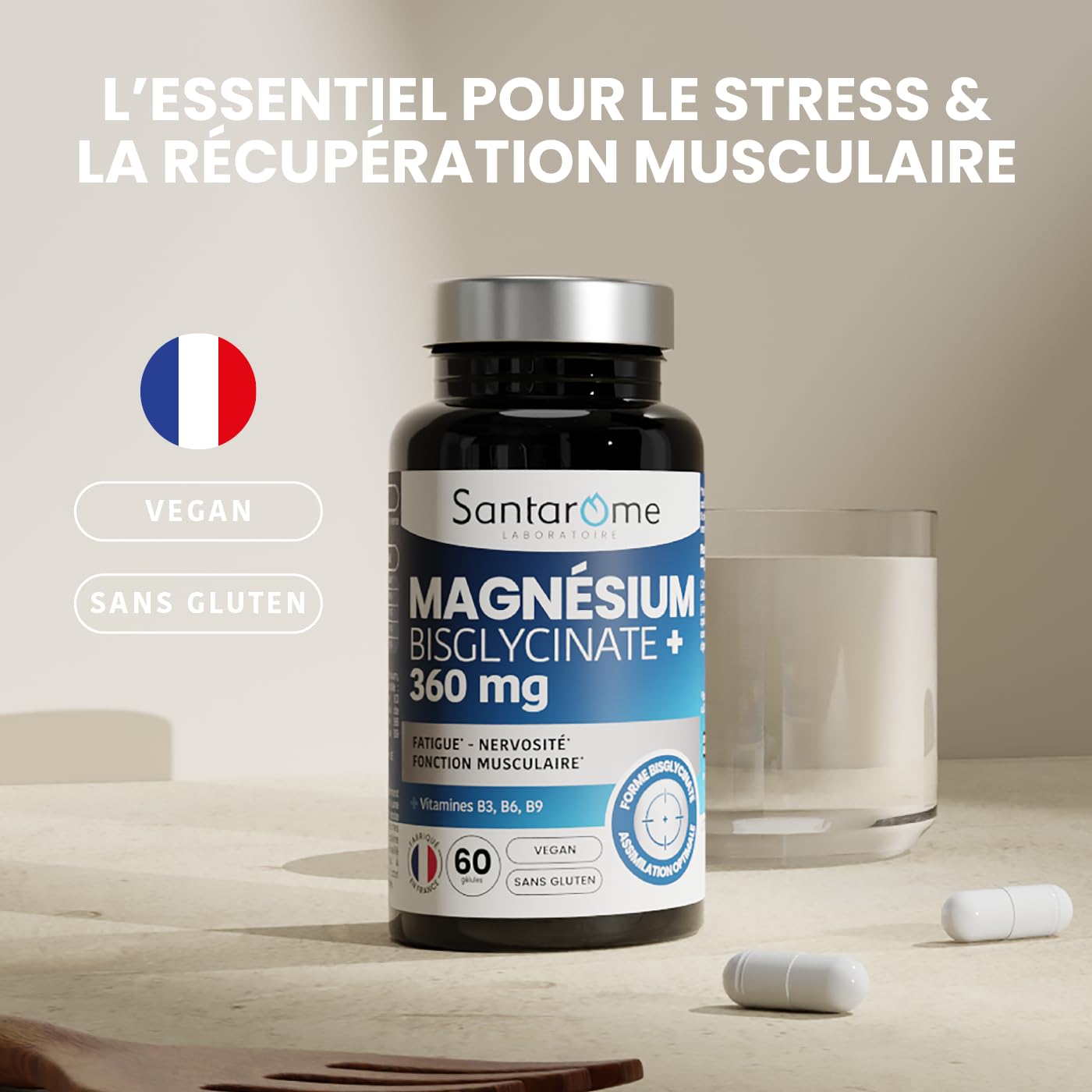 SANTAROME - Magnésium Bisglycinate 360 mg - Complément Alimentaire Fatigue & Stress - Haute Assimilation - Magnésium + Vitamines B3 B6 B9 - Vegan Sans Gluten - Fabriqué en France - 60 Gélules