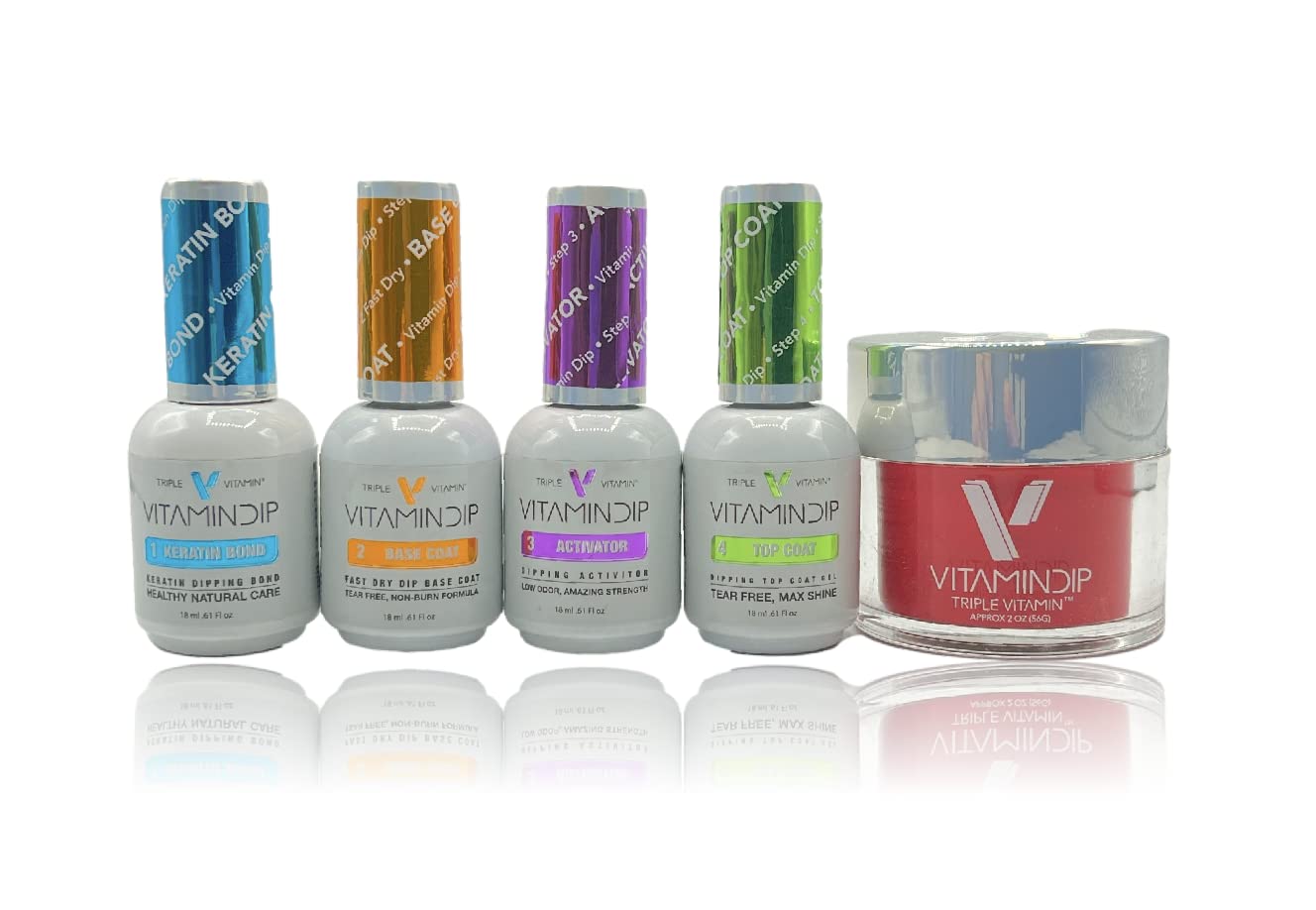 Triple Vitamin Dip Powder Nail Liquid Set 4 18ml with Fashion Passion Dipping Powder 2oz - Bond, Gel Base Activator Gel Top - NO LED UV LAMP Needed, Nail Dipping Powder DIY Professional Home Salon