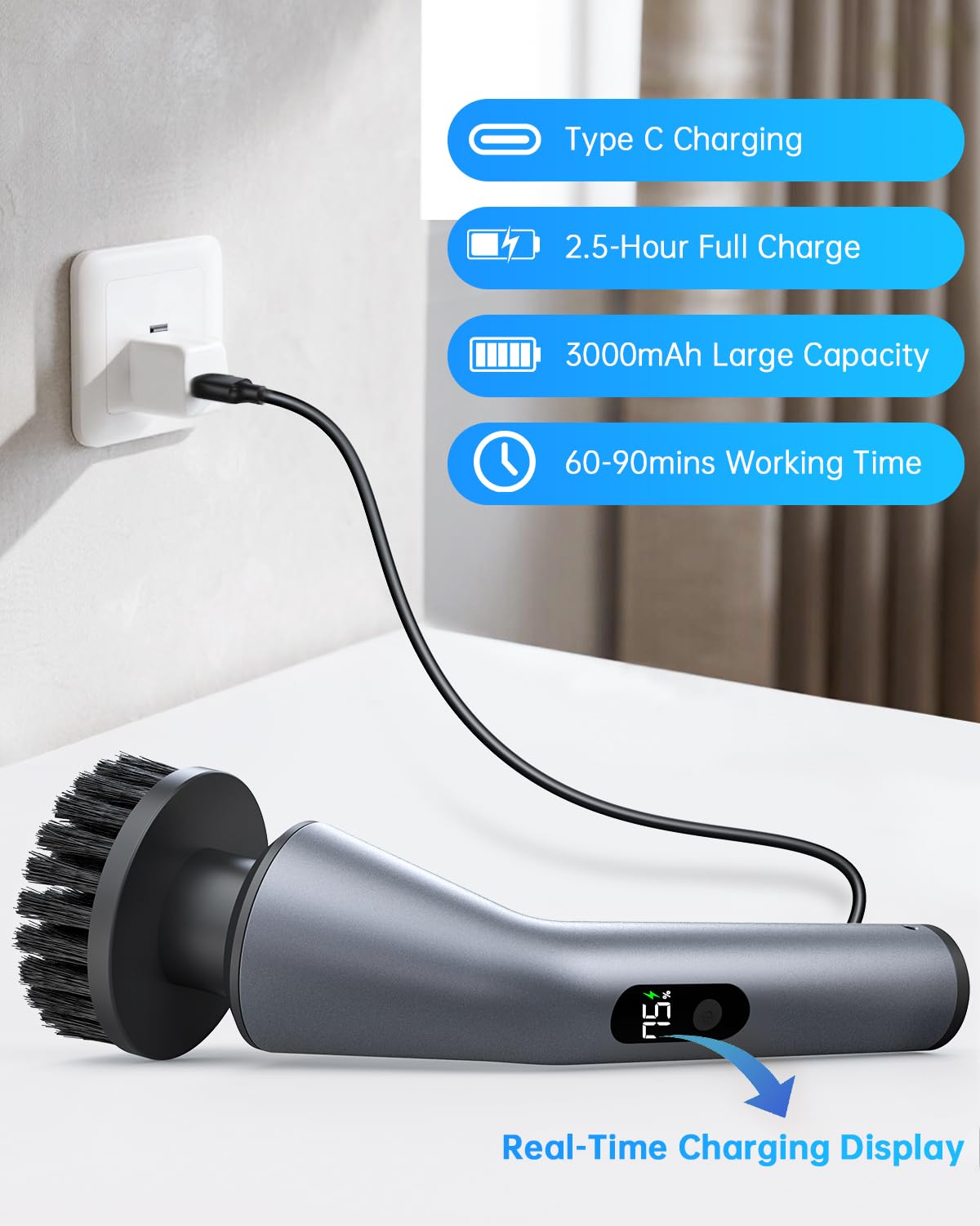 Limpiador giratorio eléctrico, IPX7, impermeable, doble velocidad, cepillo de limpieza inalámbrico con 7 cabezales de cepillo, mango largo extensible para baño, ducha, bañera, tina, vidrio, azulejos