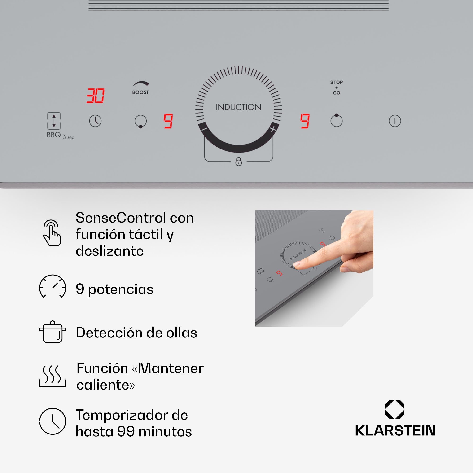 Klarstein Placa Induccion Eléctrica, 3500W, Vitrocerámica Inducción Eléctrica de 2 Fuegos, Placas de Cocción de Sobremesa, Control Táctil, Placas de Cocción de Inducción, Eléctricas para Cocinar