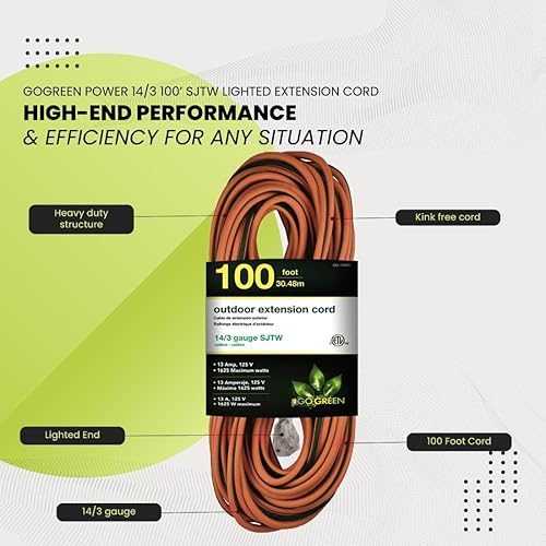 Miniatura 5 de GoGreen Power (GG-13800) - Cable de extensión SJTW para exteriores, 143, 100 pies, cable de extensión iluminado, 100 pies