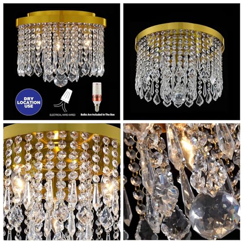 Image of 3-Lights Brass Finish Crystal Ceiling Light Chandelier Jhoomar Pendant Lamp Jhumar Lighting for Home & Living Room (13 Inch, Glass & Metal)