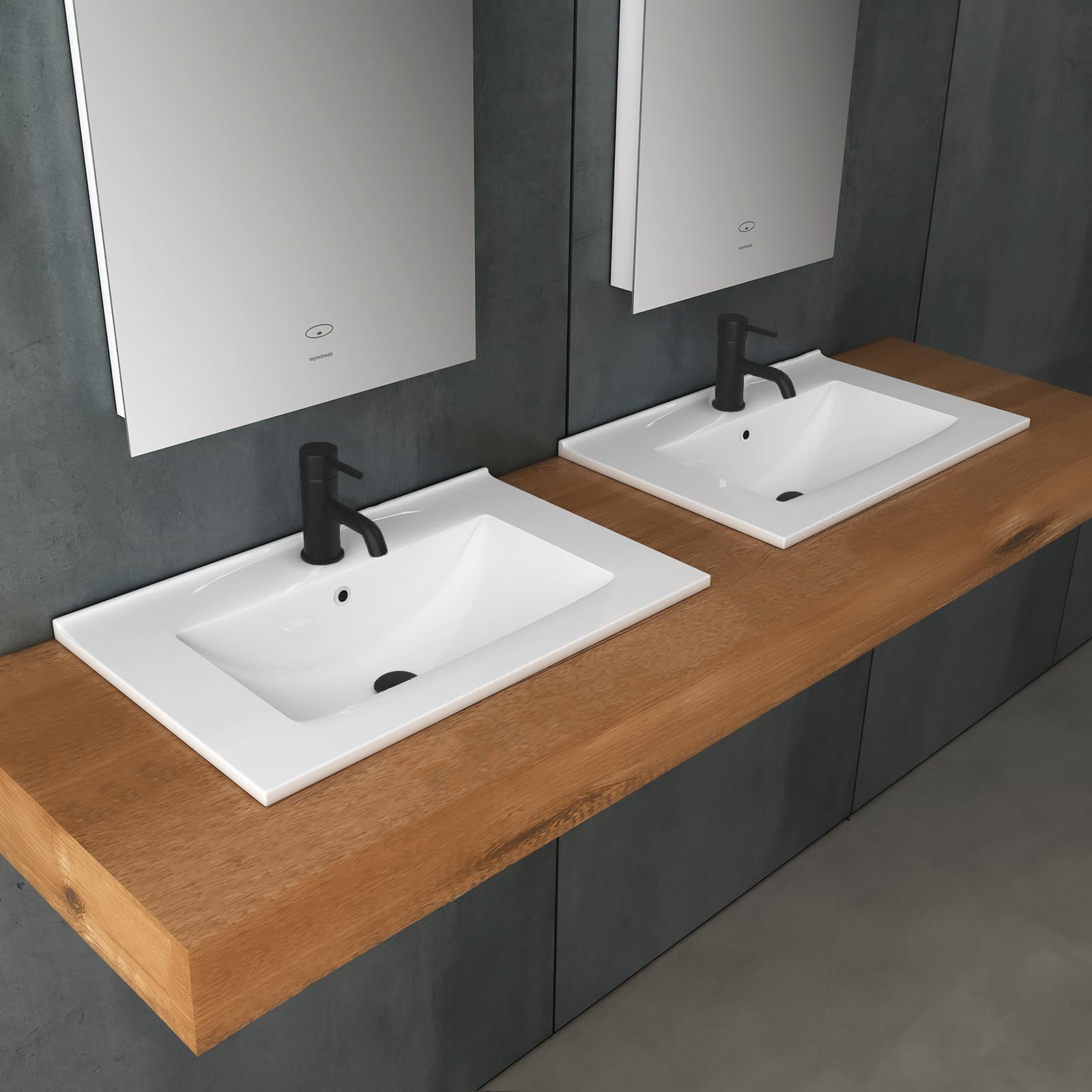 Alpenberger Lavabo WC invités 60 cm de large | Lavabo encastrable | Lavabo carré | Lavabo à poser | Lavabo à main avec revêtement en céramique Nano et trop-plein
