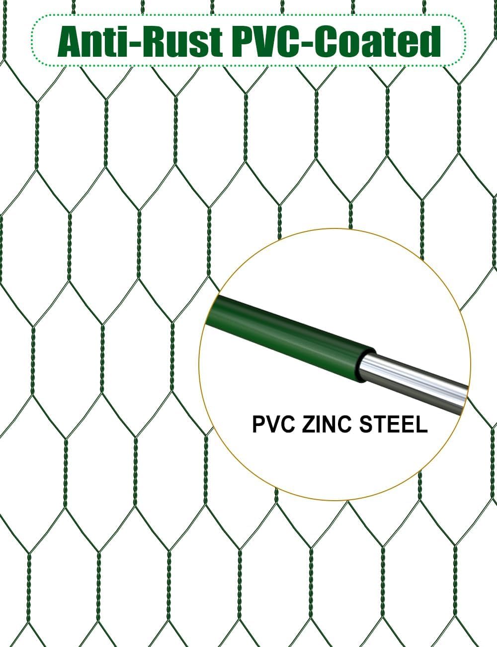 TOYPOPOR Chicken Wire, 16''x 600''/49ft Mesh Roll for Floral Arrangements, Anti-Rust PVC Coated Garden Netting, Rabbit Animal Fence with Cutting Plier, Gloves and Ties for DYI Crafts, Poultry, Garden