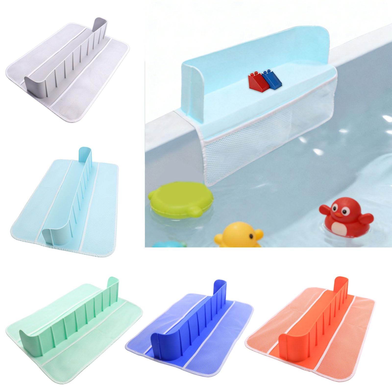 Divisorio per Vasca da Bagno a Prova fuoriuscite Paraspruzzi in Silicone con Tasca in Rete Portaoggetti per Giocattoli con Ventosa Blocco Acqua per Bagnetto per Bambini
