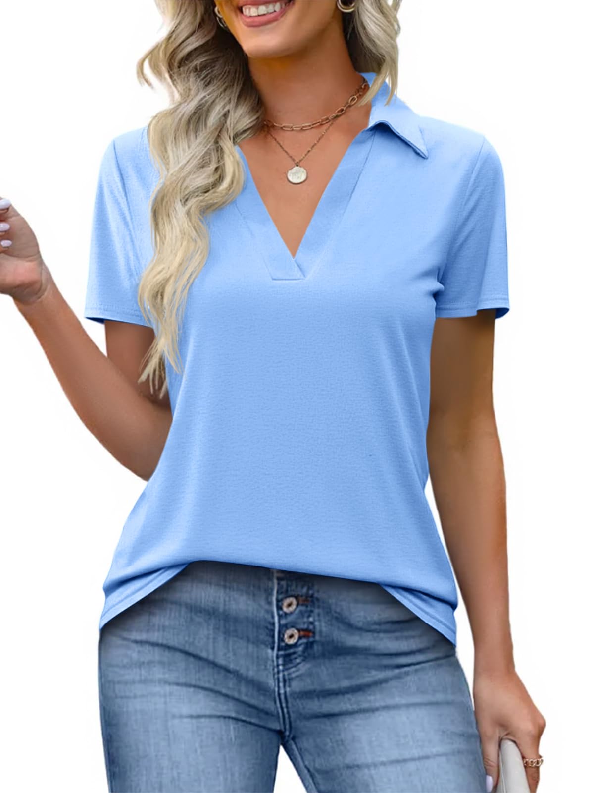 Imily Bela Womens Short Sleeve Polo Shirts V Neck Business Dressy Casual Tops Summer Collared Trendy Tees