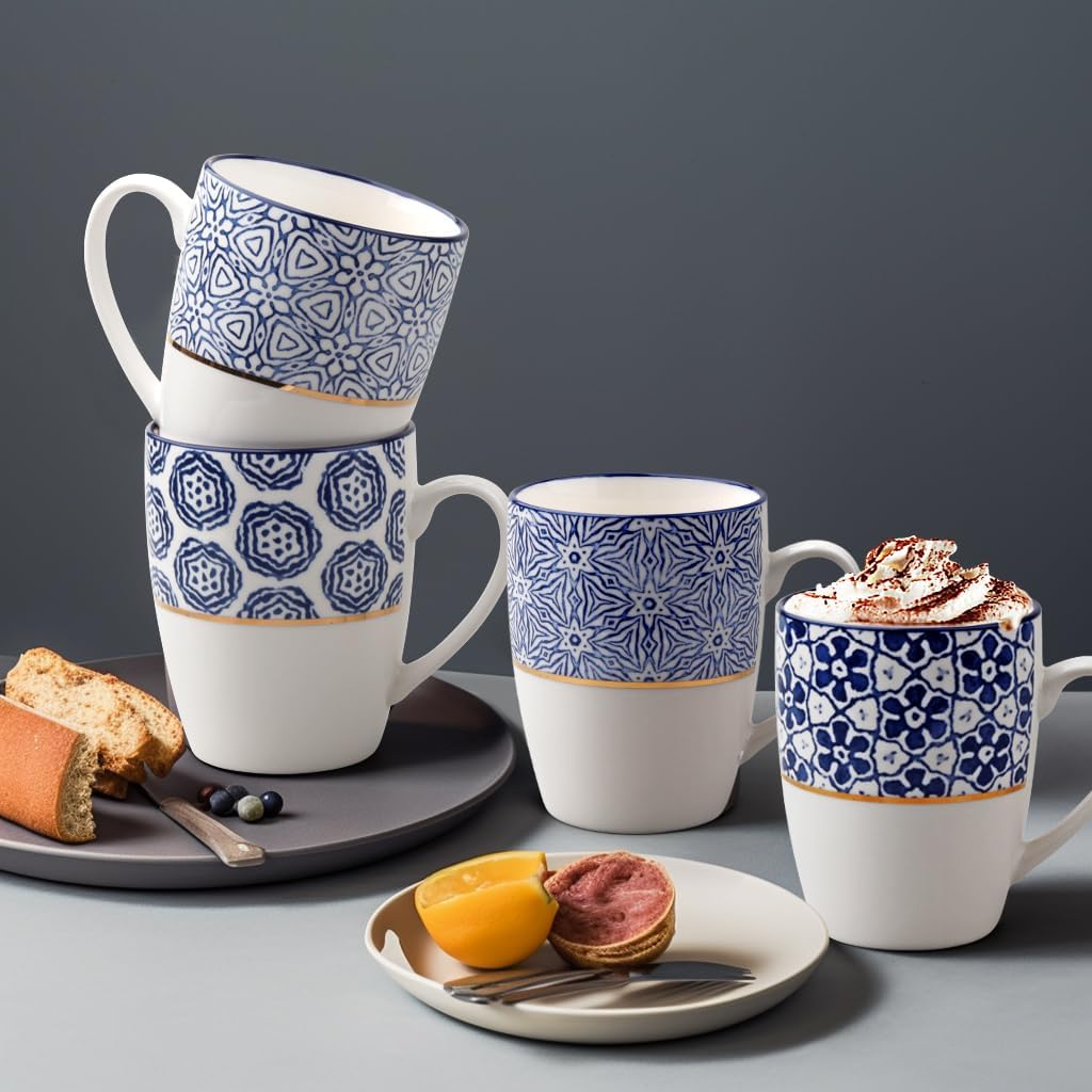 Set of 4 12.5OZ/370ML Coffee Mugs with Blue and White Patterns, Ceramic Tea Cup Set, Gift for Friends - Image 5