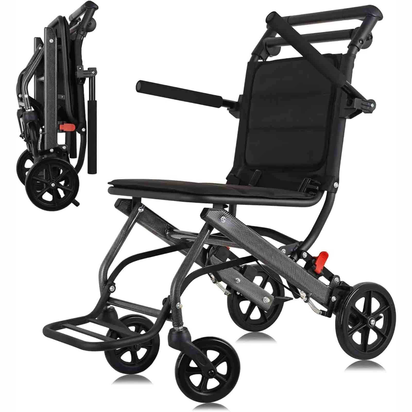 Silla de ruedas de transporte plegable y ultraligera que pesa sólo 15 libras, silla de viaje de transporte ligero que soporta 220 libras, silla de ruedas de aluminio para adultos y personas mayores (