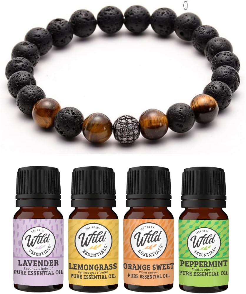 Wild Essentials Tiger Eye Lava Stone Essential Oil Diffuser Bracelet, Expandable up to 8 inches, Aromatherapy Jewelry Gift Set and 100% Pure Oils (Lavender, Lemongrass, Orange and Peppermint)