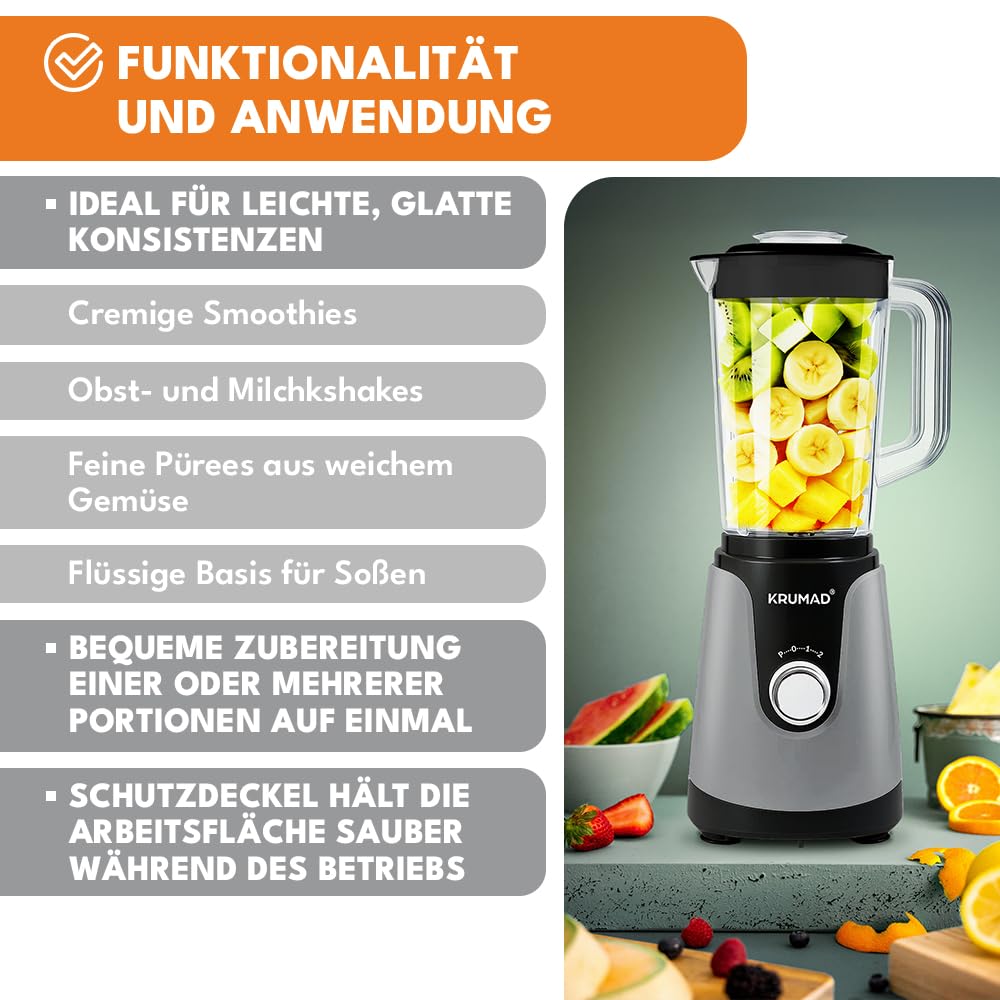 KRUMAD Blender kielichowy 1200W – Wysokowydajny blender z kielichem Tritan 1,2L (BPA Free), 2 prędkościami i funkcją pulsacyjną – Stalowe ostrza – Do smoothie, zup i koktajli