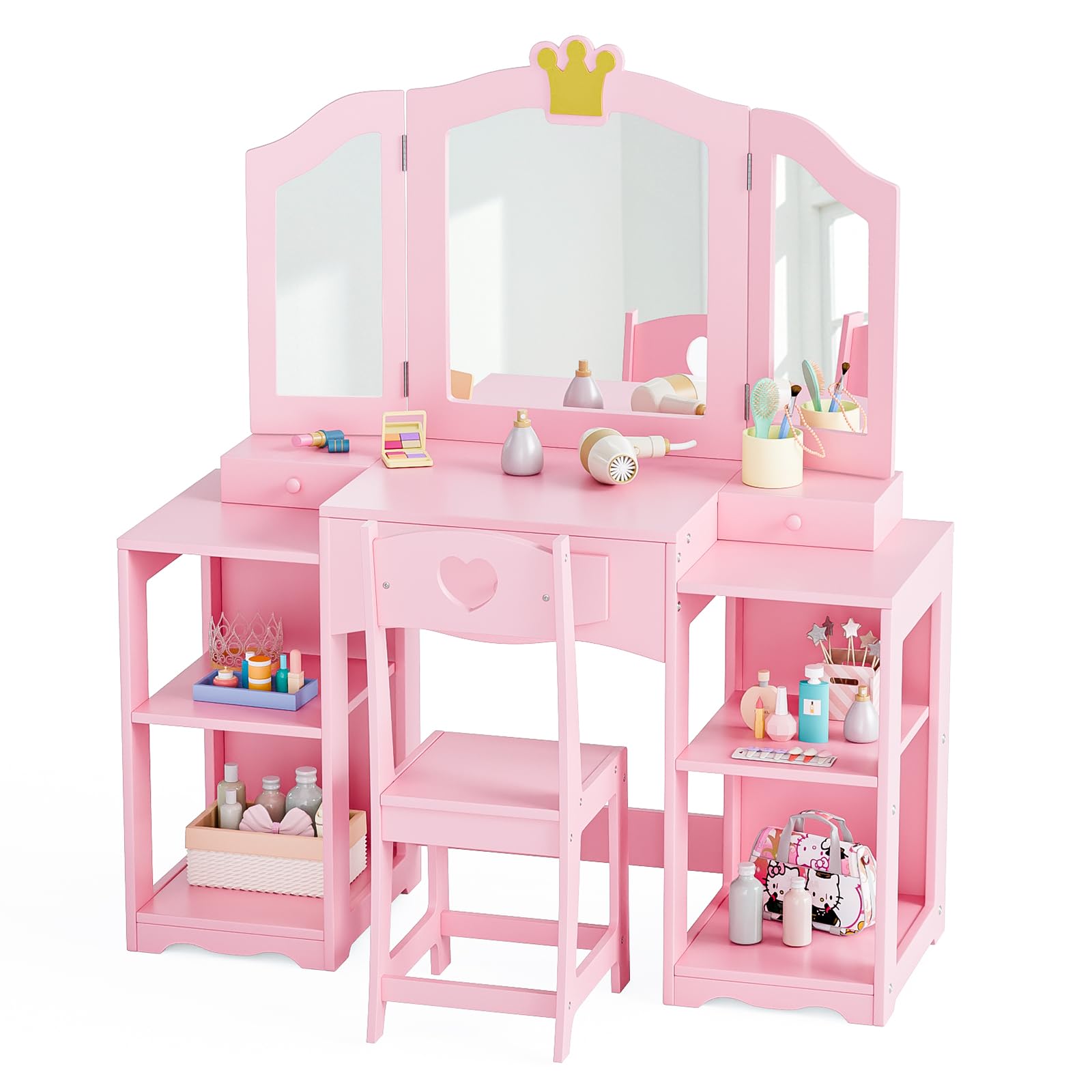 Bonnlo Tocador Infantil con Espejo de Tres Paneles y Taburete, Tocador para Niña con 3 Cajones y 4 Estantes Abiertos, Mesa de Maquillaje Infantil de Madera con Diseño de Coron (Rosa, Grande)