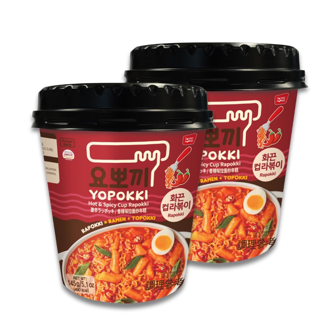 Yopokki Instant Rabokki Cup (Hot Spicy, 2 Cups) Korean Street food with Hot spicy sauce Ramen Noodle Topokki Rice Cake - Quick & Easy to Prepare