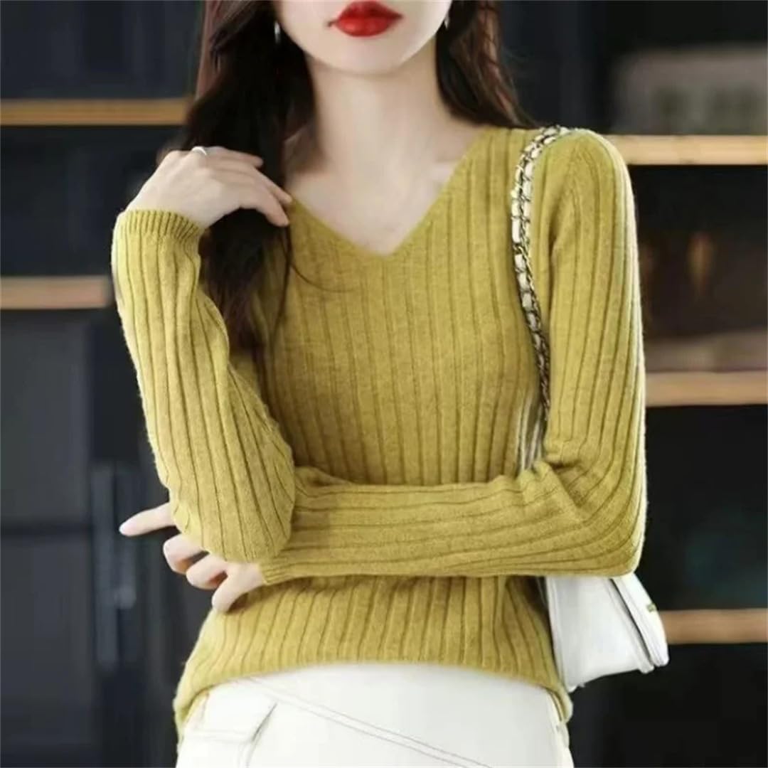 Jesienny sweter z dekoltem w serek damski solidny obcisły wszechstronny sweter dzianinowy top