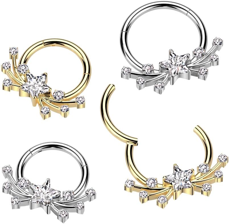 Pierced Owl 16GA ASTM F-136 Implant Grade Titanium CZ Crystal Shooting Star Center Hinged Segment Clicker Ring