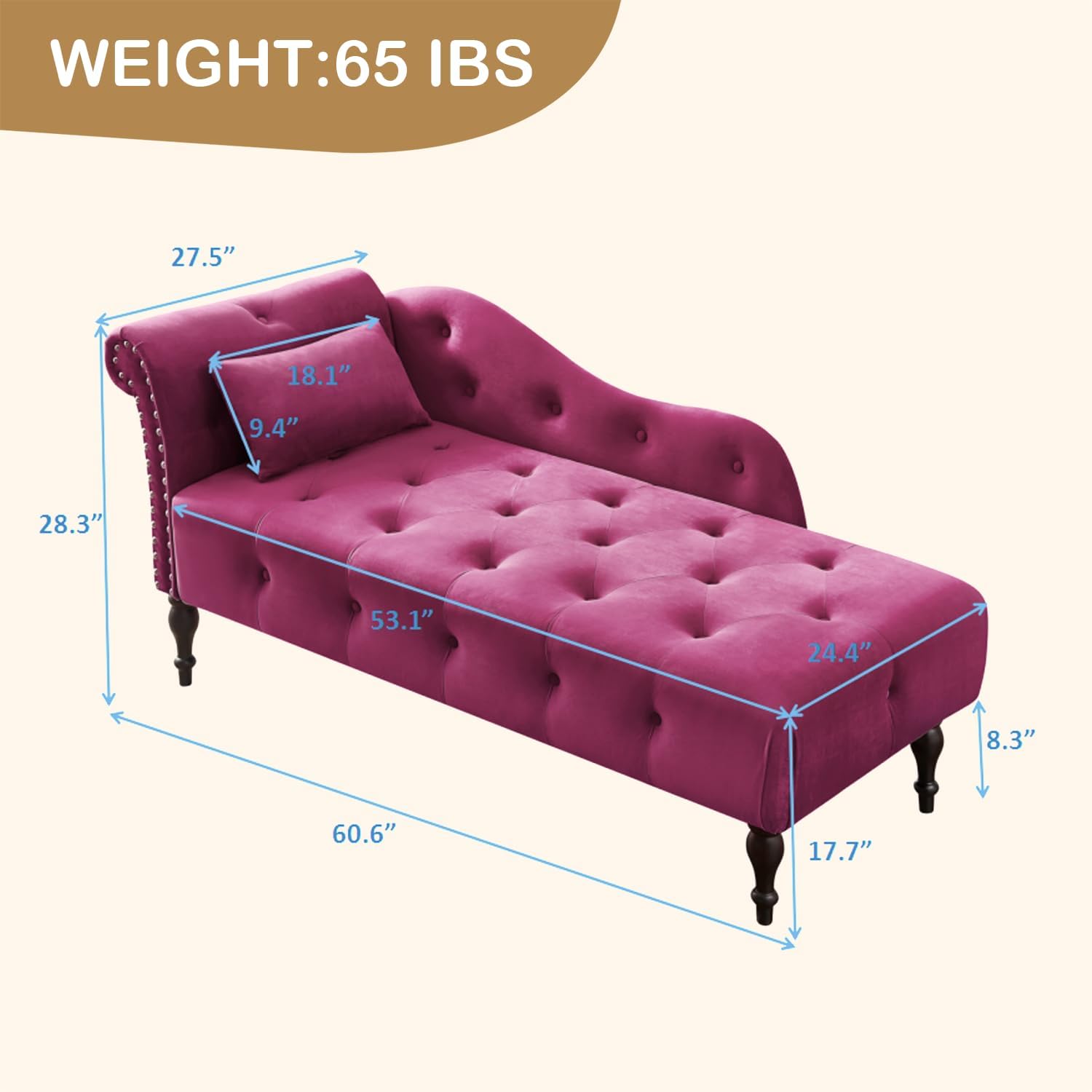 Tufted Upholstered Velvet Rolled Arm Chaise Lounges Indoor Chair, Right Arm Facing Chaise Lounge with Nailhead Trim and 1 Pillow,for Living Room Bedroom Office (Burgundy)