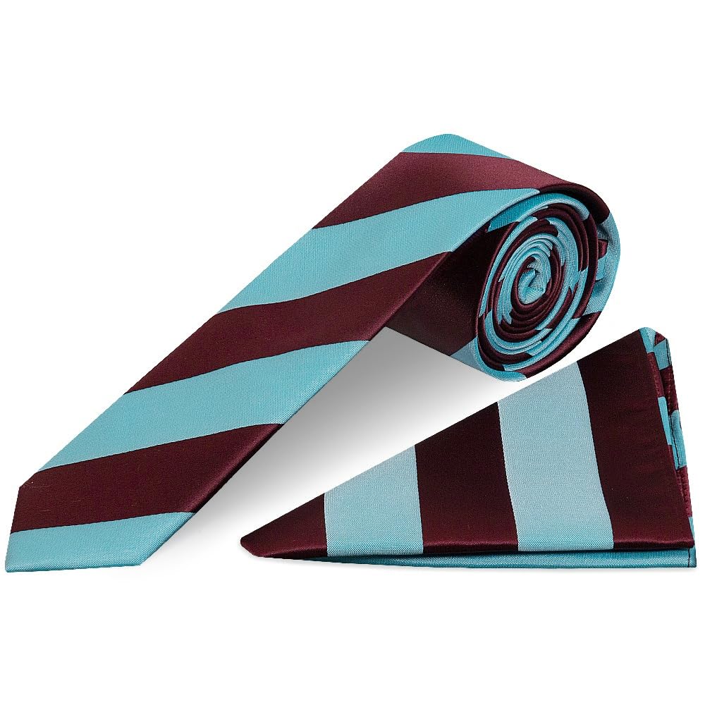 Ties R Us Men's Claret And Blue Striped Handmade Skinny Football Tie And Pocket Square Set