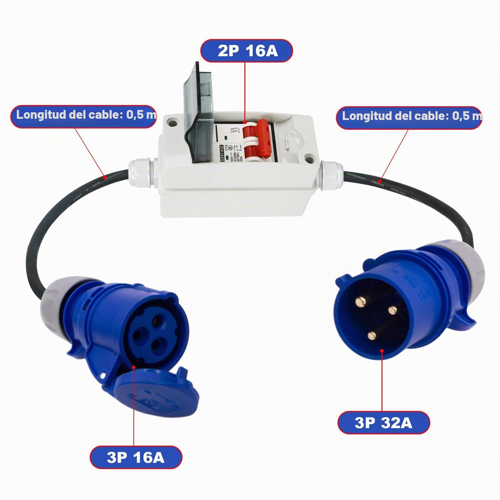 Adaptador CEE de 32 A a 16 A 3P con convertidor de fase, adaptador CEE de alta corriente de 32 A macho a 16 A hembra con disyuntor, cable alargado (azul)