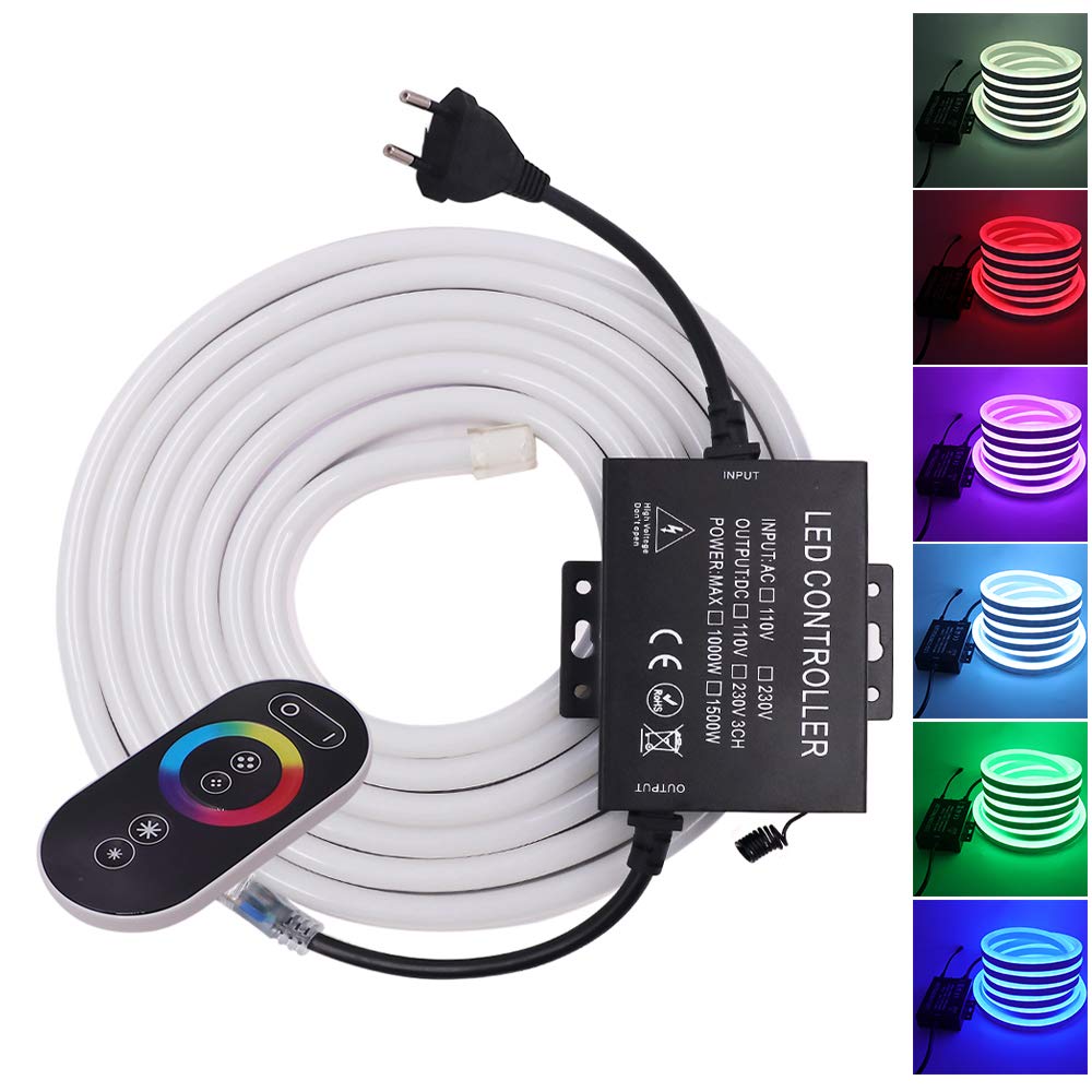 XUNATA 220V Flexible LED Neon Flex, 5050 60 LEDs/m RGB Tira LED + Toque Control Remoto, IP67 Impermeable Interior Intemperie Escalera de Techo Luces Decoración (25m)