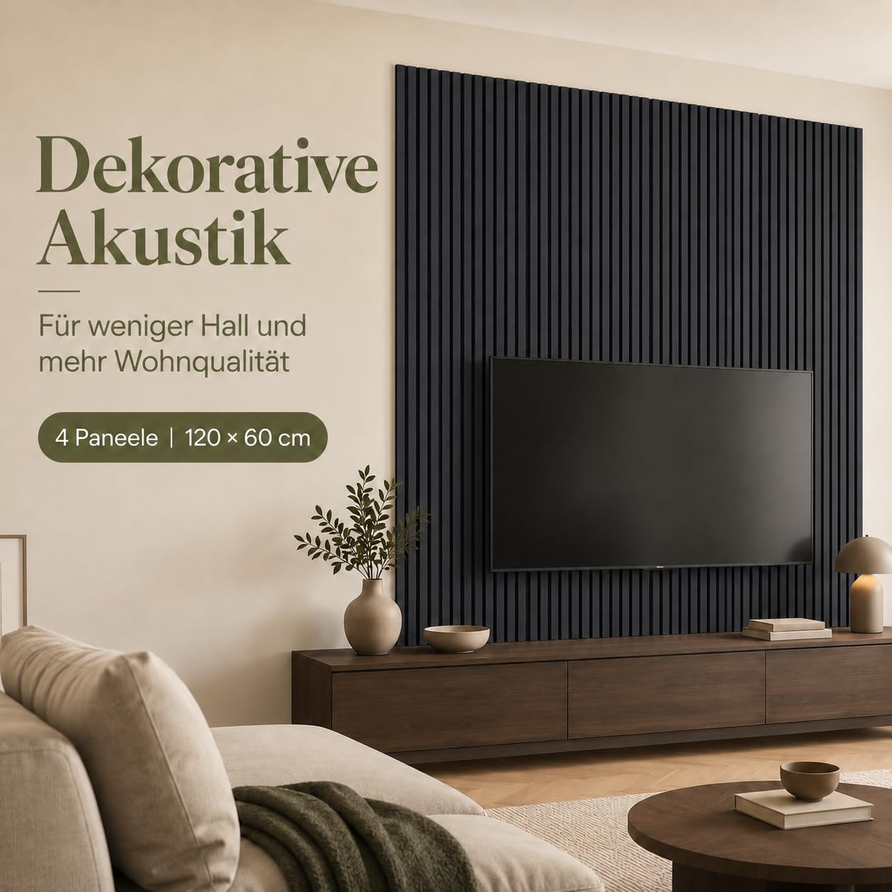 AKK-STAVE Akustikpaneele selbstklebend, 2,88m² 4er-Set (120x60cm) – 3D Wandpaneele Holzoptik, schallabsorbierende Wandverkleidung für Wohnzimmer, Büro (22# Schwarz)